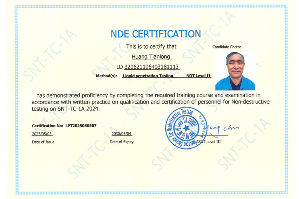 Non-destructive testing qualification certificate