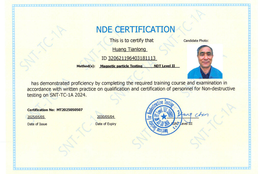 Non-destructive testing qualification certificate