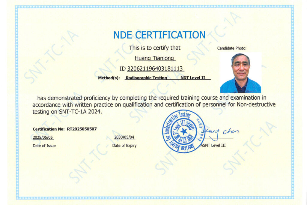 Non-destructive testing qualification certificate