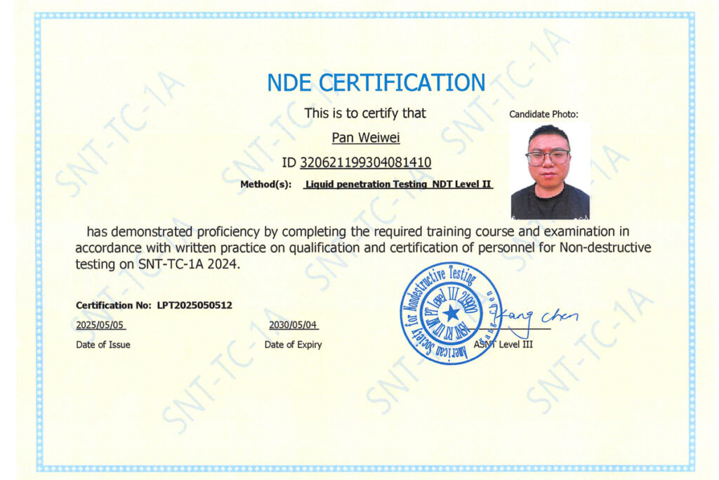 Non-destructive testing qualification certificate