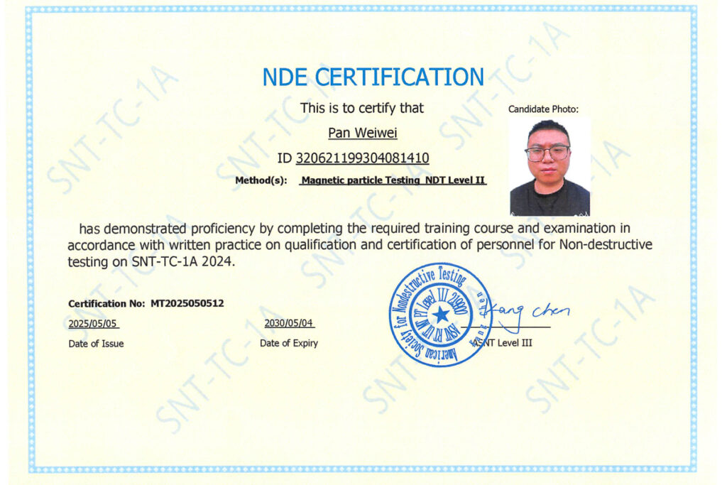 Non-destructive testing qualification certificate