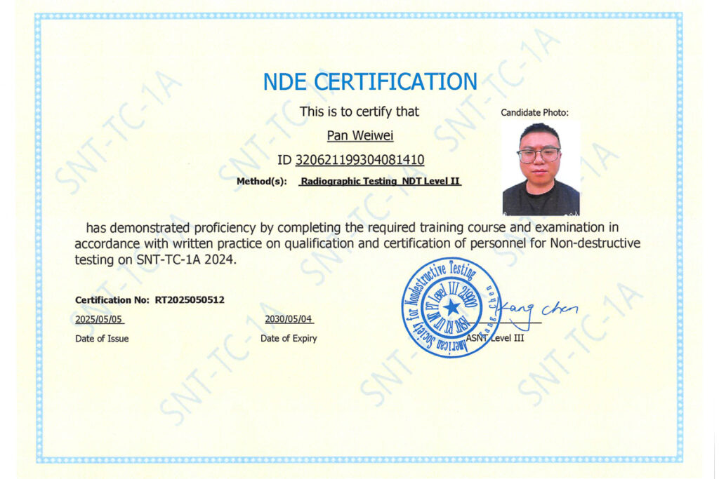 Non-destructive testing qualification certificate